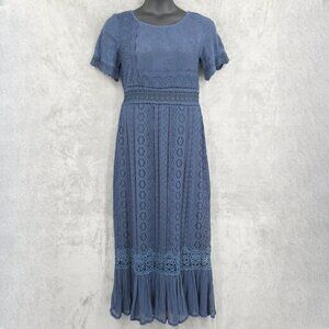 Sundance Smoke and Lace Maxi Dress 8 Blue Feminine Gauzy Boho Floral Embroidered